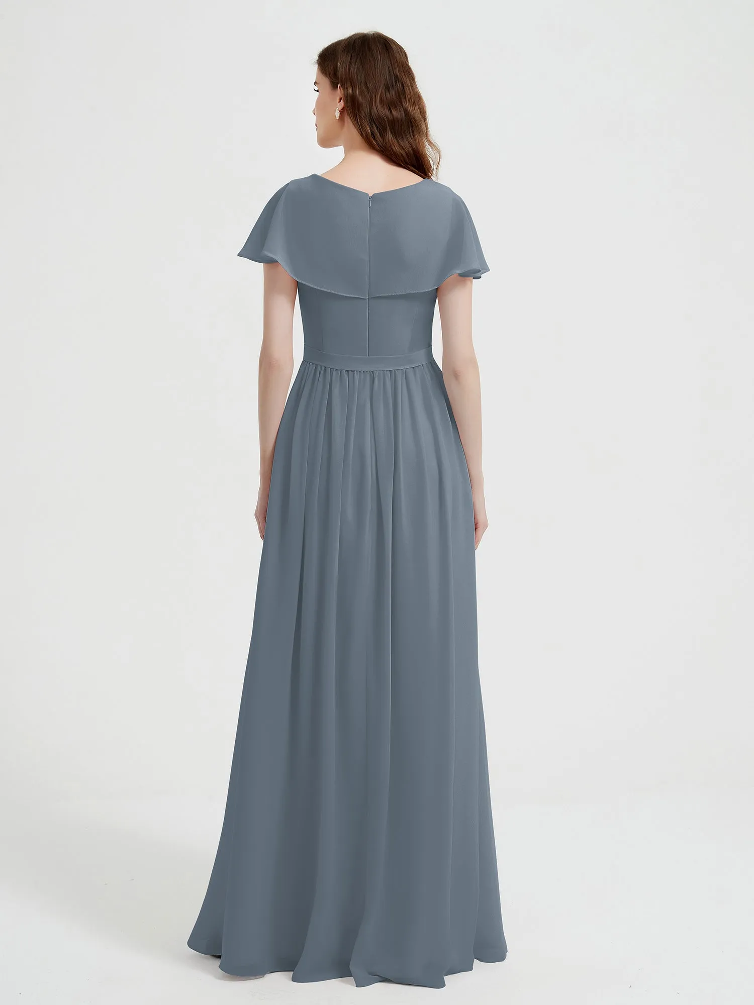 Cap Sleeves Long Chiffon Dresses with Slit-Slate Blue Plus Size
