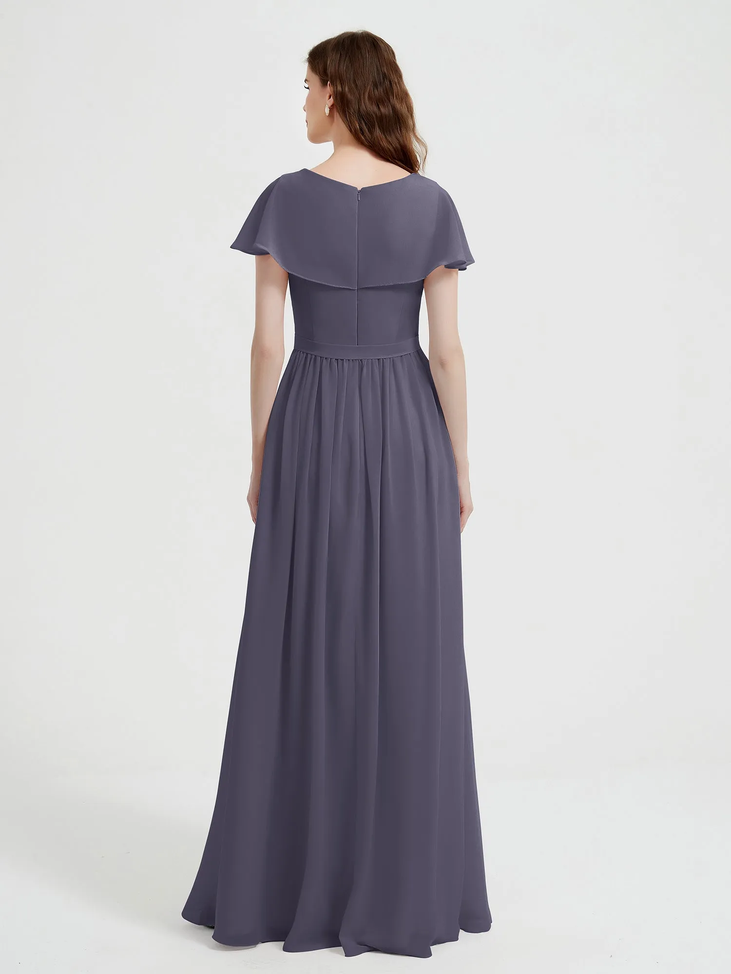 Cap Sleeves Long Chiffon Dresses with Slit-Stormy Plus Size