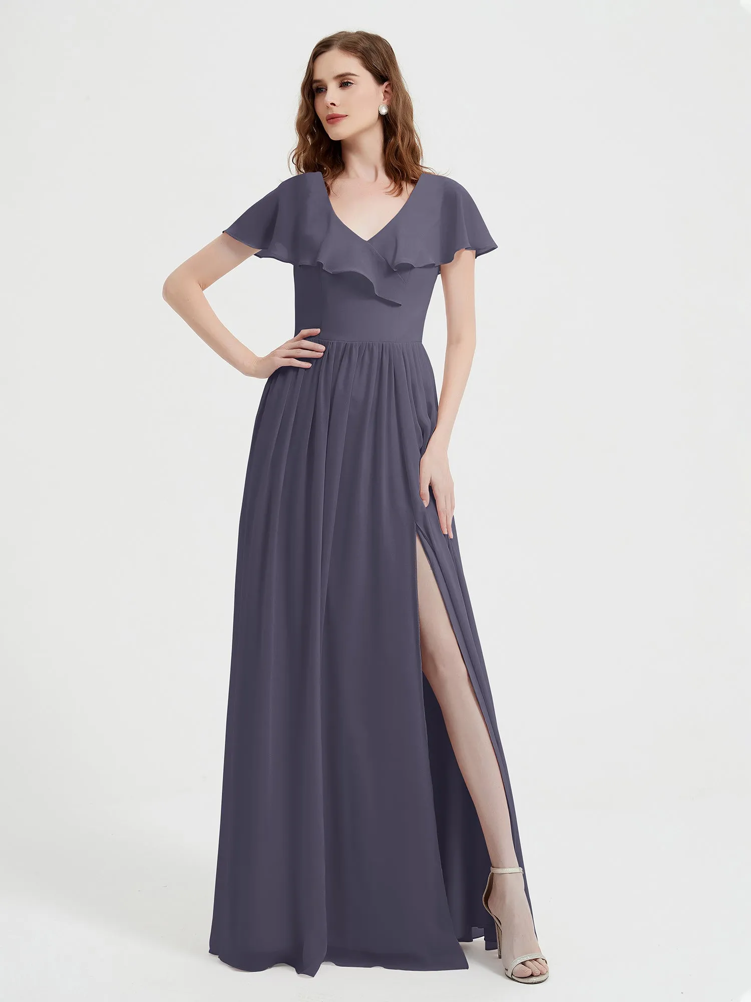 Cap Sleeves Long Chiffon Dresses with Slit-Stormy Plus Size
