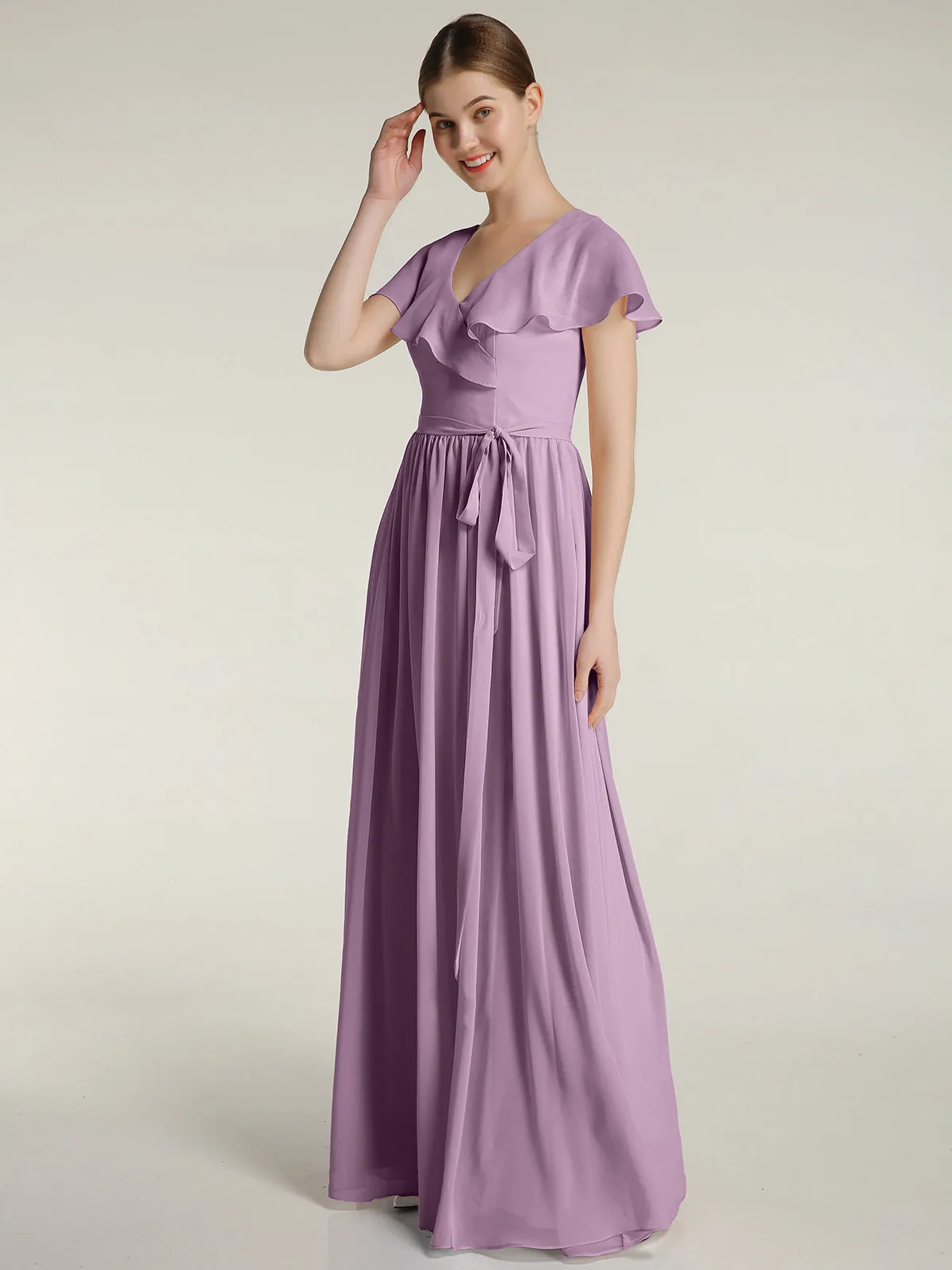Cap Sleeves Long Chiffon Dresses with Slit-Wisteria