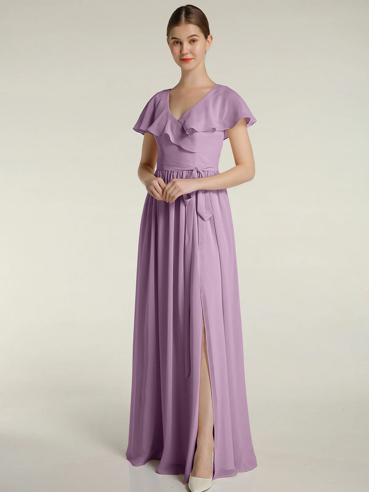Cap Sleeves Long Chiffon Dresses with Slit-Wisteria