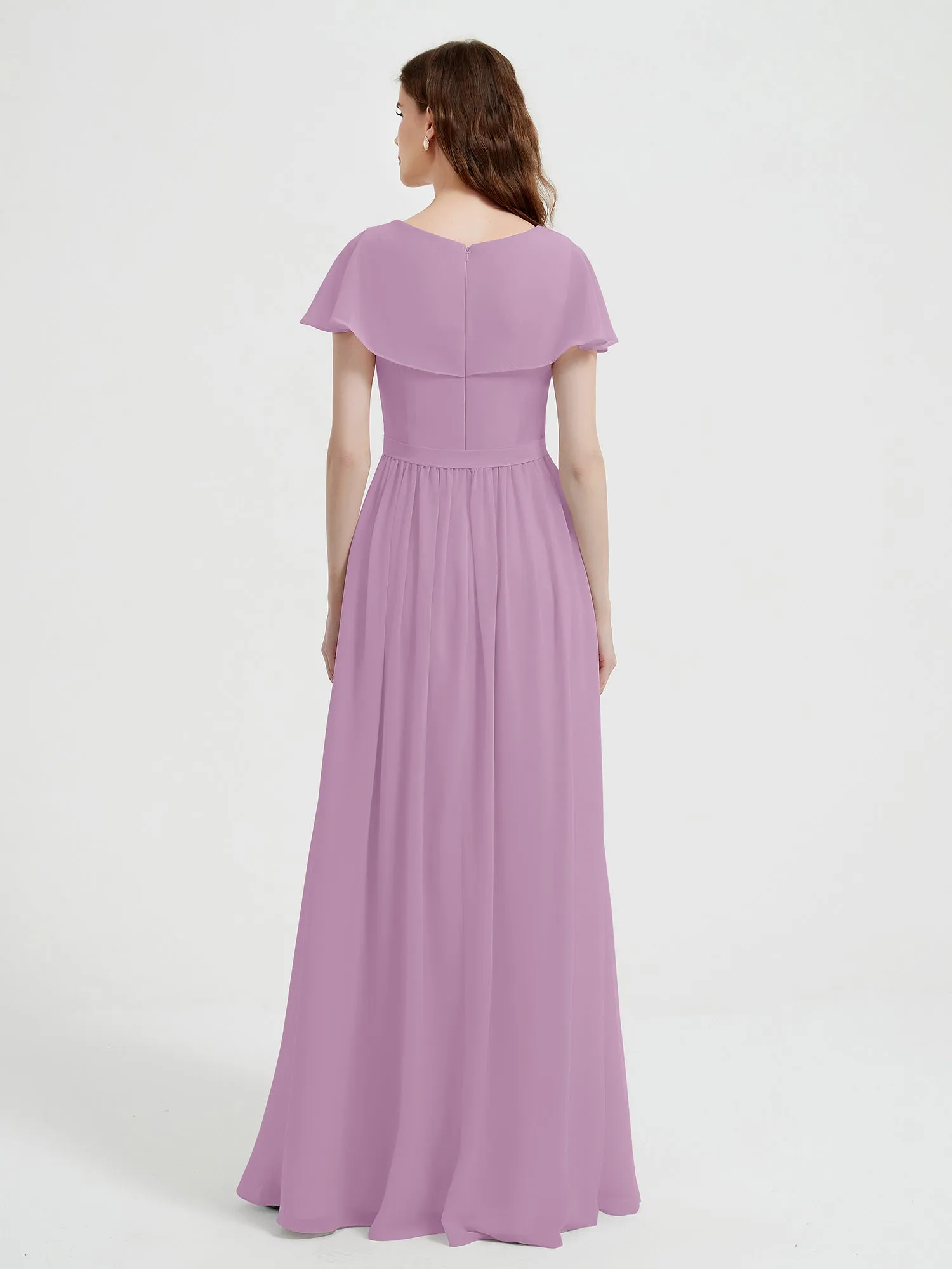 Cap Sleeves Long Chiffon Dresses with Slit-Wisteria