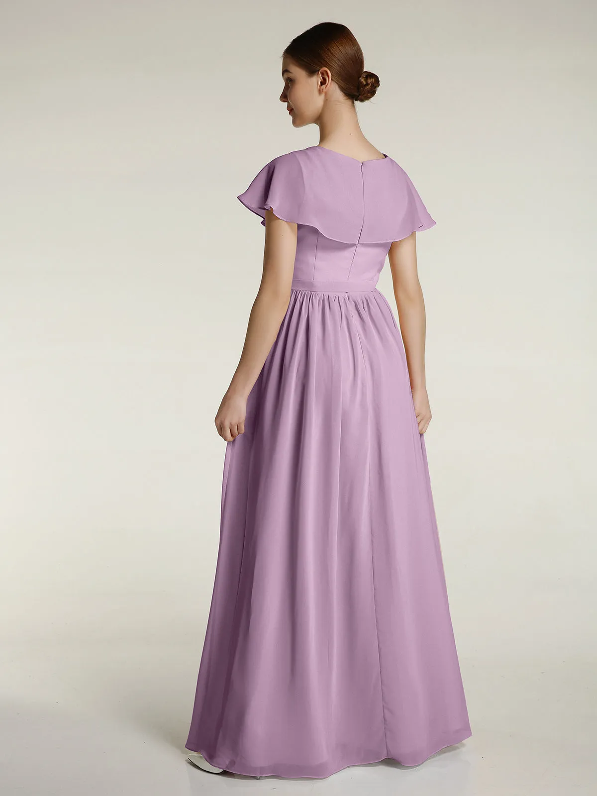 Cap Sleeves Long Chiffon Dresses with Slit-Wisteria