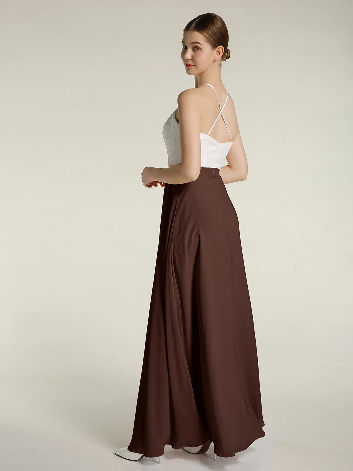 Chiffon Long Dresses with Ivory Lace Bodice-Chocolate