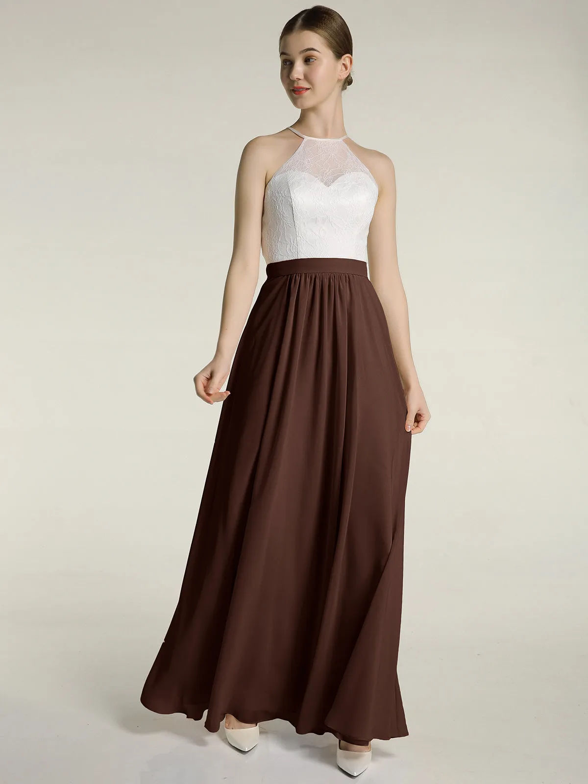 Chiffon Long Dresses with Ivory Lace Bodice-Chocolate