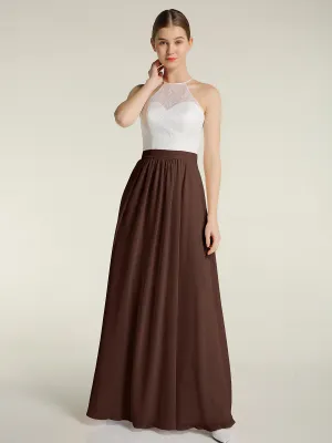 Chiffon Long Dresses with Ivory Lace Bodice-Chocolate