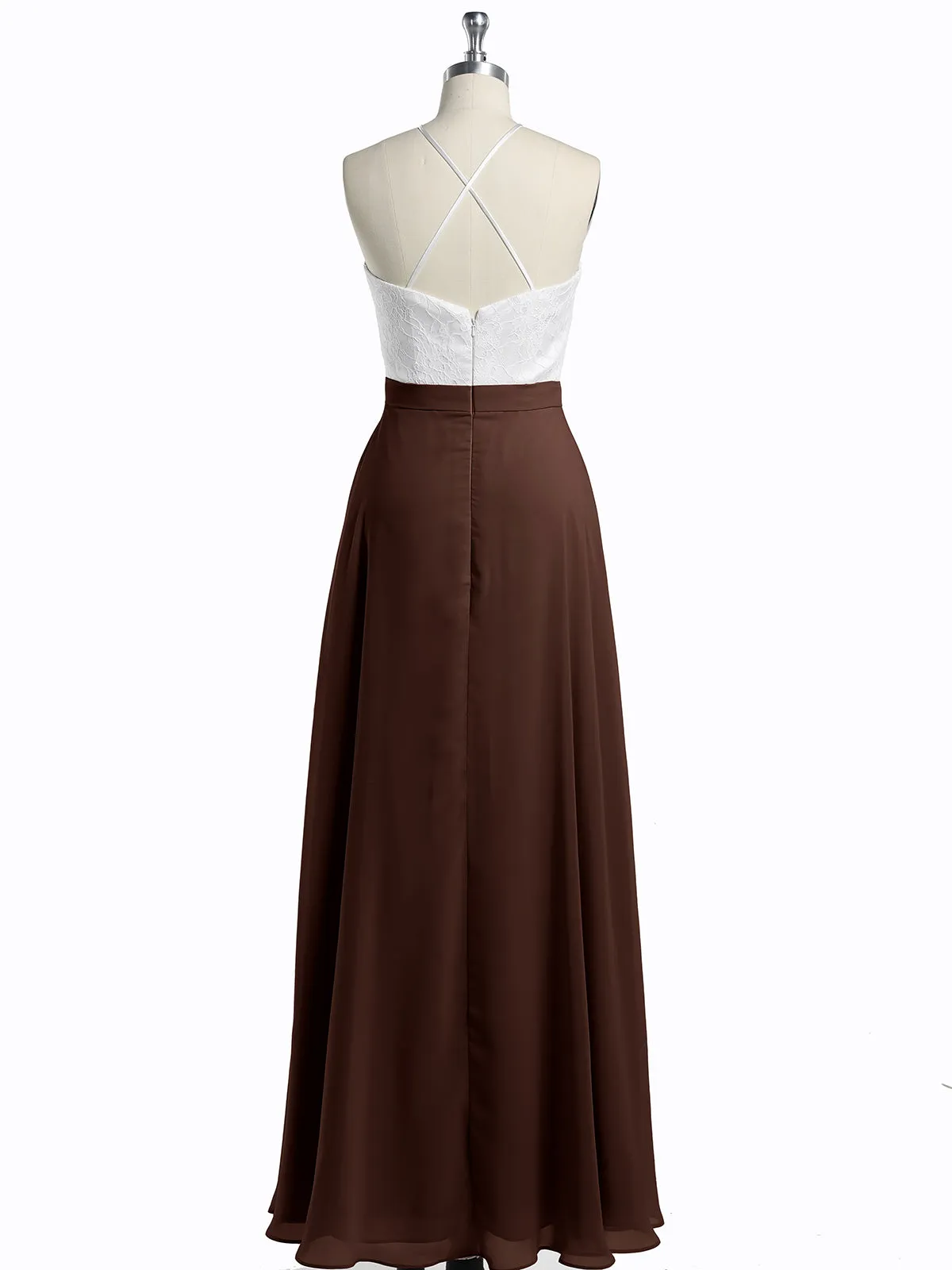 Chiffon Long Dresses with Ivory Lace Bodice-Chocolate