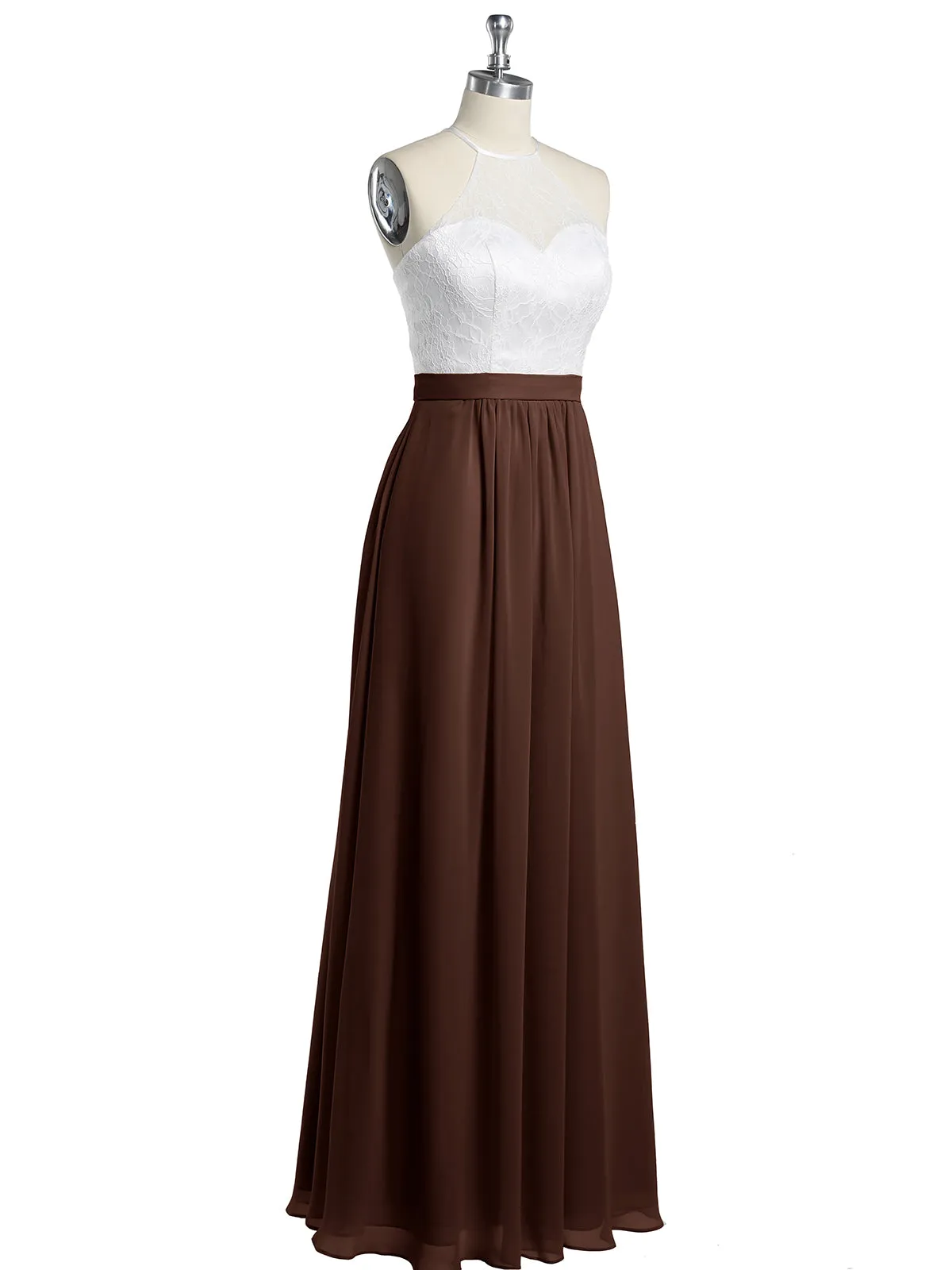 Chiffon Long Dresses with Ivory Lace Bodice-Chocolate
