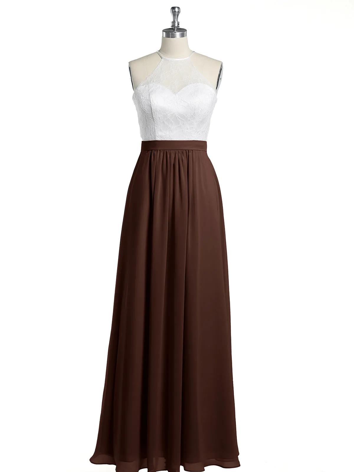 Chiffon Long Dresses with Ivory Lace Bodice-Chocolate