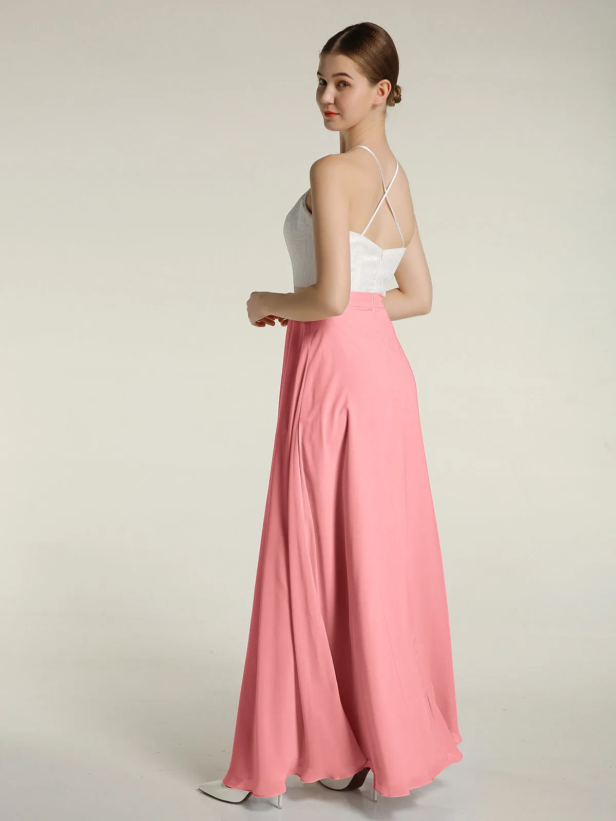 Chiffon Long Dresses with Ivory Lace Bodice-Flamingo Plus Size