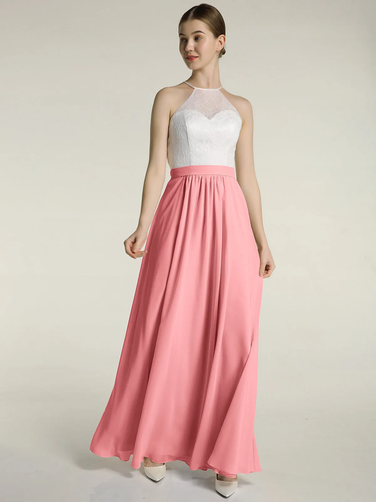 Chiffon Long Dresses with Ivory Lace Bodice-Flamingo Plus Size