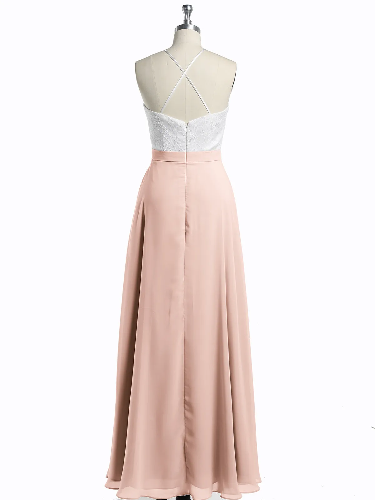Chiffon Long Dresses with Ivory Lace Bodice-Pearl Pink