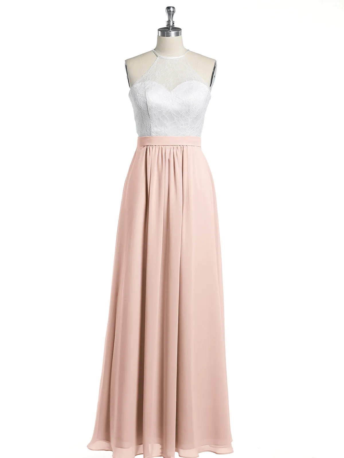 Chiffon Long Dresses with Ivory Lace Bodice-Pearl Pink