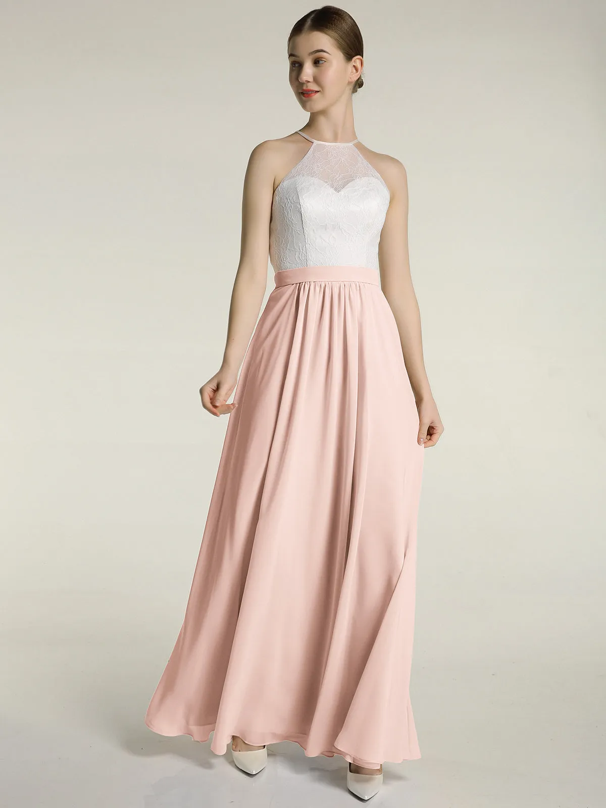 Chiffon Long Dresses with Ivory Lace Bodice-Pearl Pink