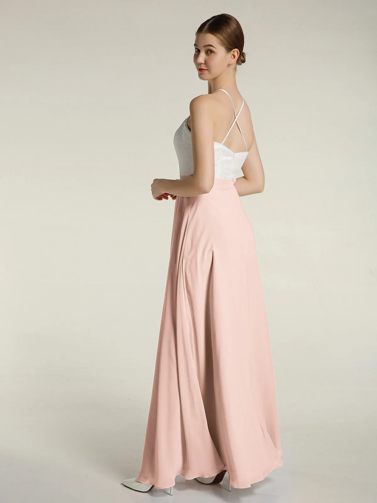 Chiffon Long Dresses with Ivory Lace Bodice-Pearl Pink