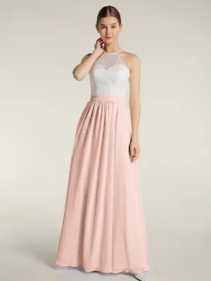 Chiffon Long Dresses with Ivory Lace Bodice-Pearl Pink