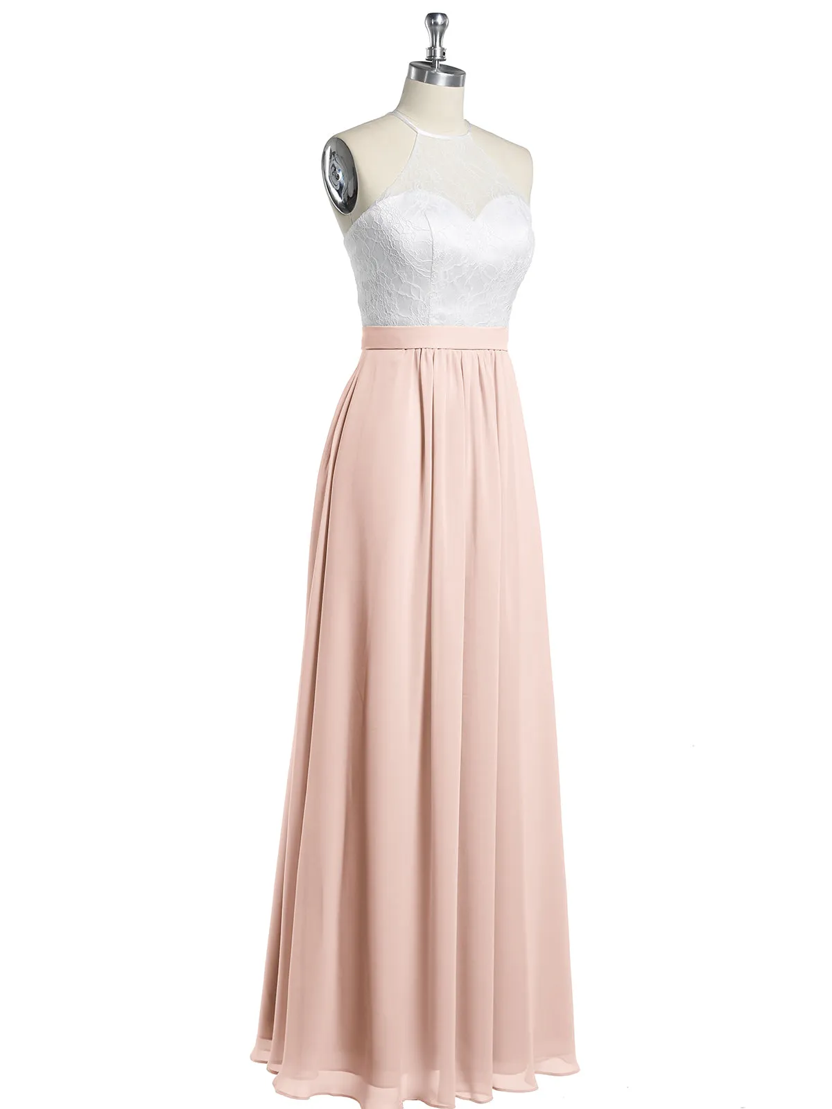 Chiffon Long Dresses with Ivory Lace Bodice-Pearl Pink