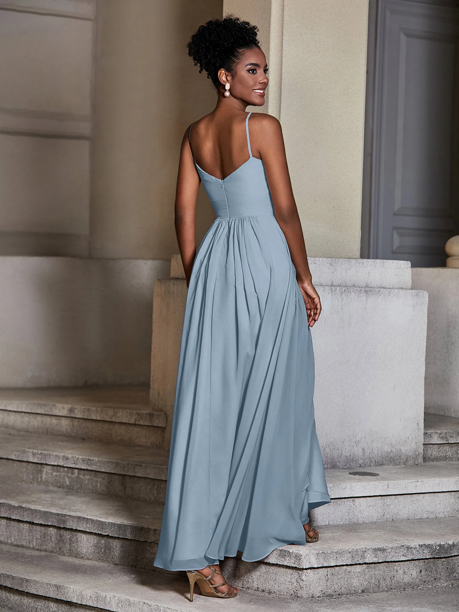 Cross Pleated Bodice Spaghetti Strap Dresses Dusty Blue