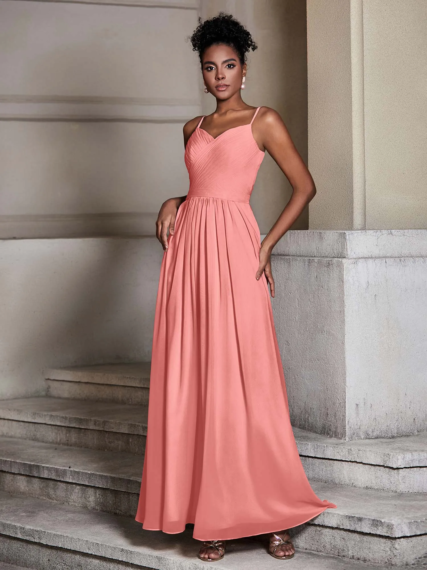 Cross Pleated Bodice Spaghetti Strap Dresses Sunset