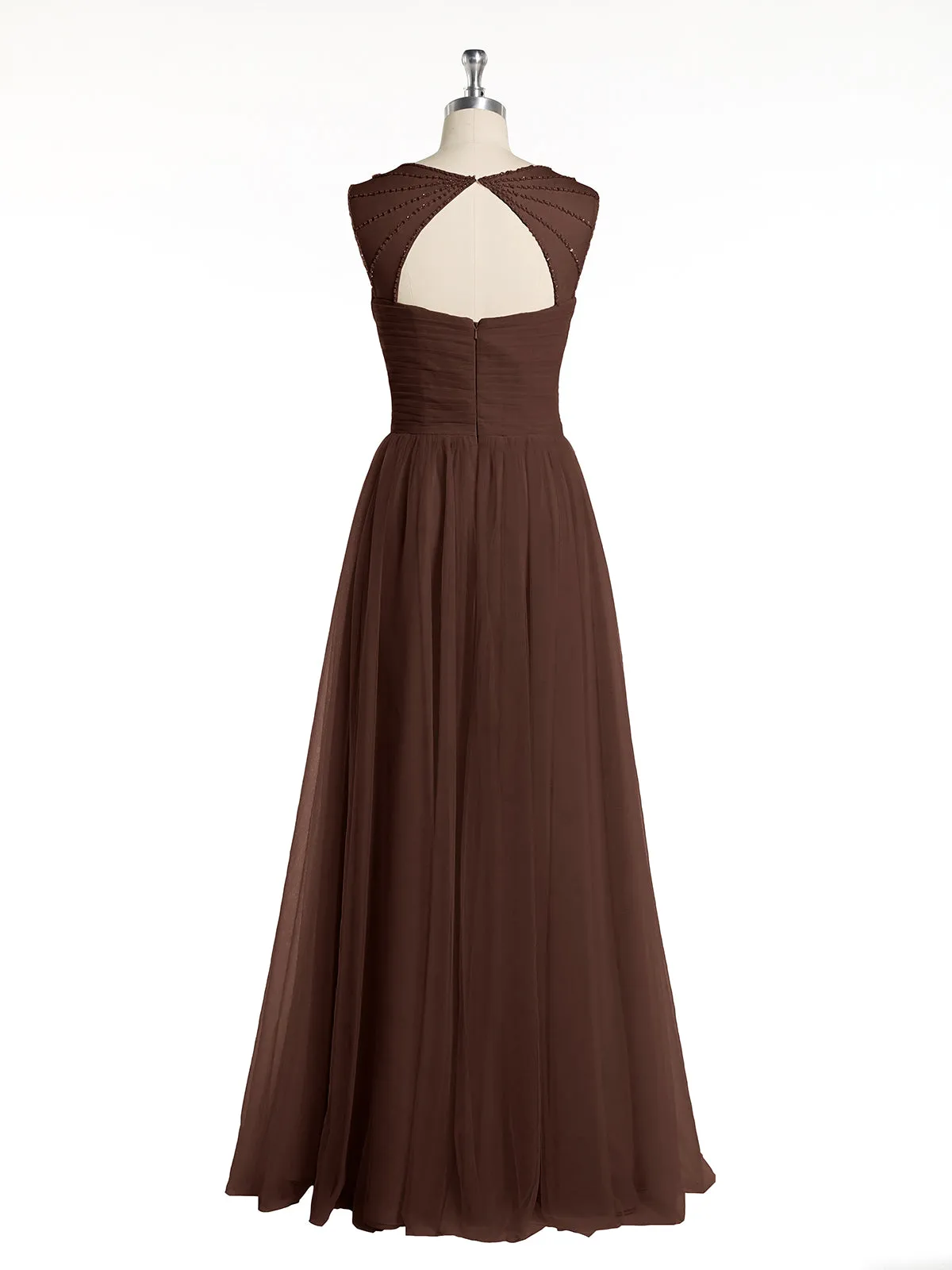 Cross-Pleated Tulle Long Dresses with Beaded Straps Chocolate Plus Size