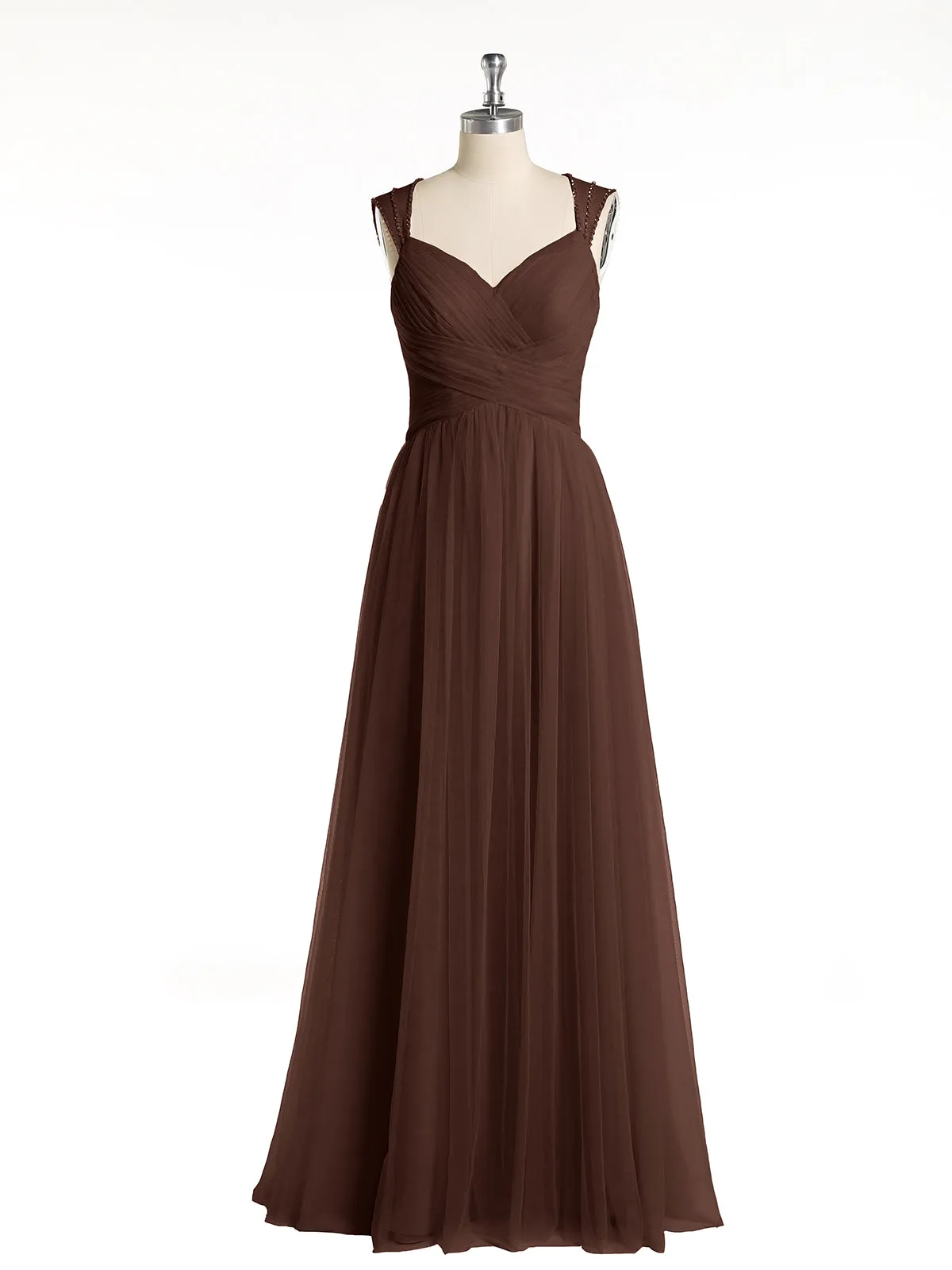 Cross-Pleated Tulle Long Dresses with Beaded Straps Chocolate Plus Size