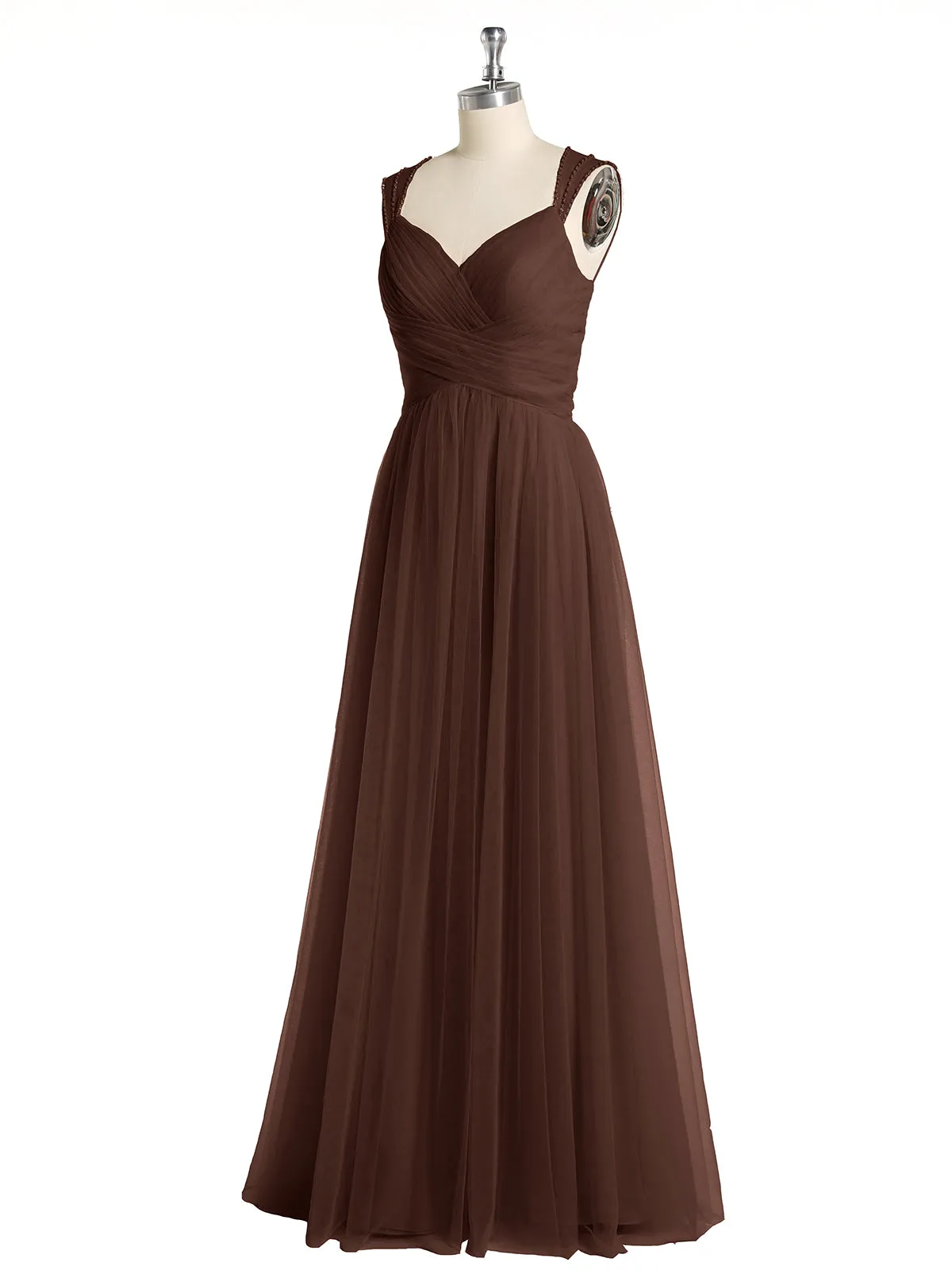 Cross-Pleated Tulle Long Dresses with Beaded Straps Chocolate Plus Size