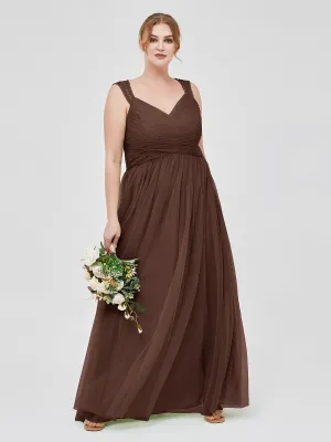 Cross-Pleated Tulle Long Dresses with Beaded Straps Chocolate Plus Size