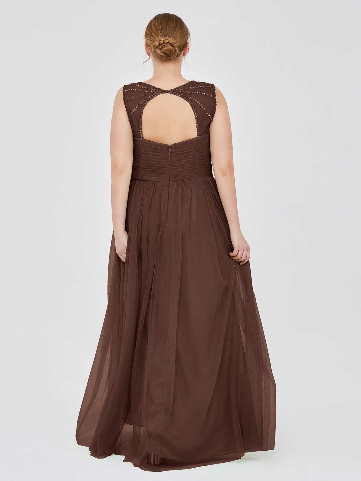 Cross-Pleated Tulle Long Dresses with Beaded Straps Chocolate Plus Size