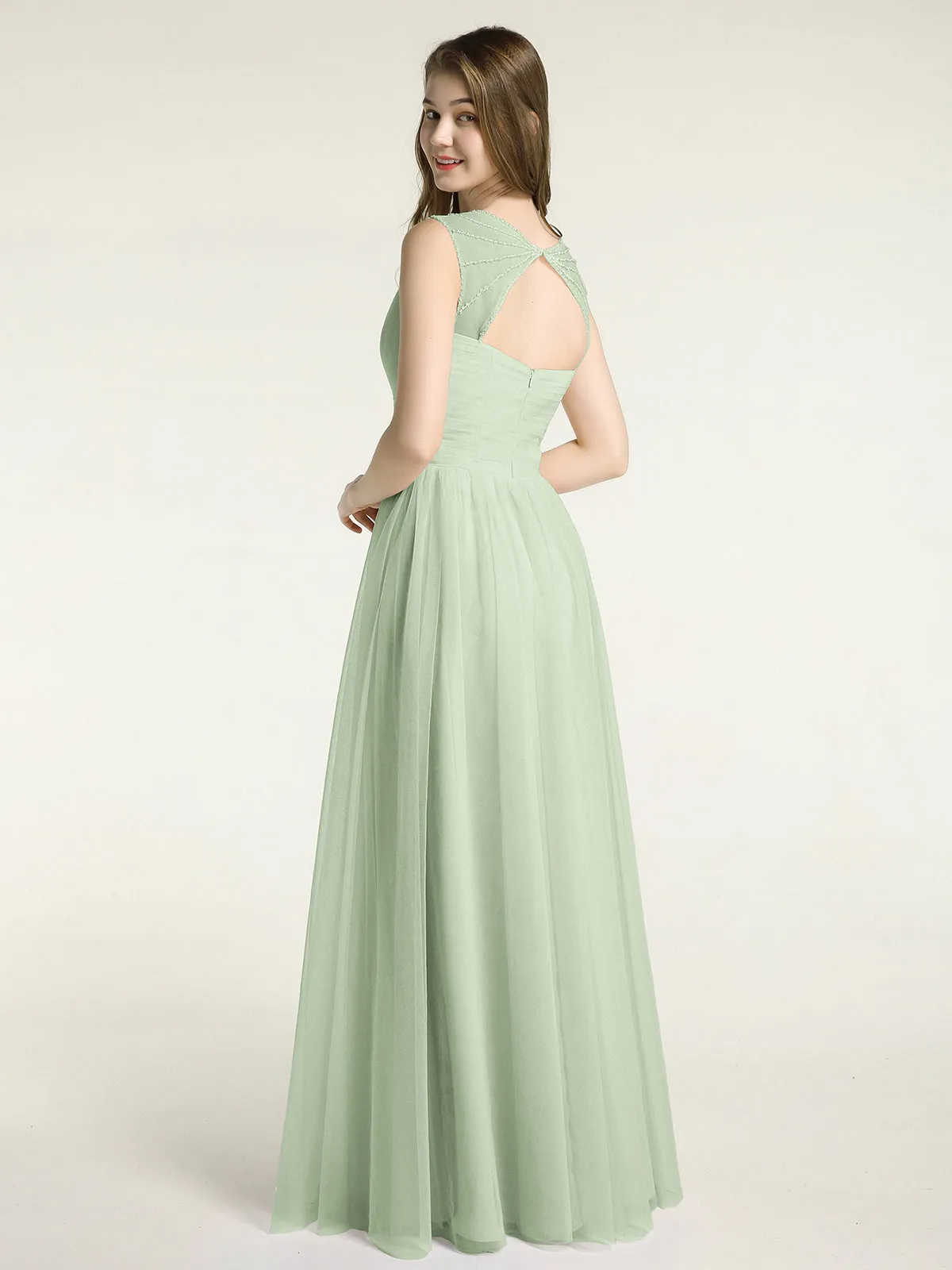 Cross-Pleated Tulle Long Dresses with Beaded Straps Clearance