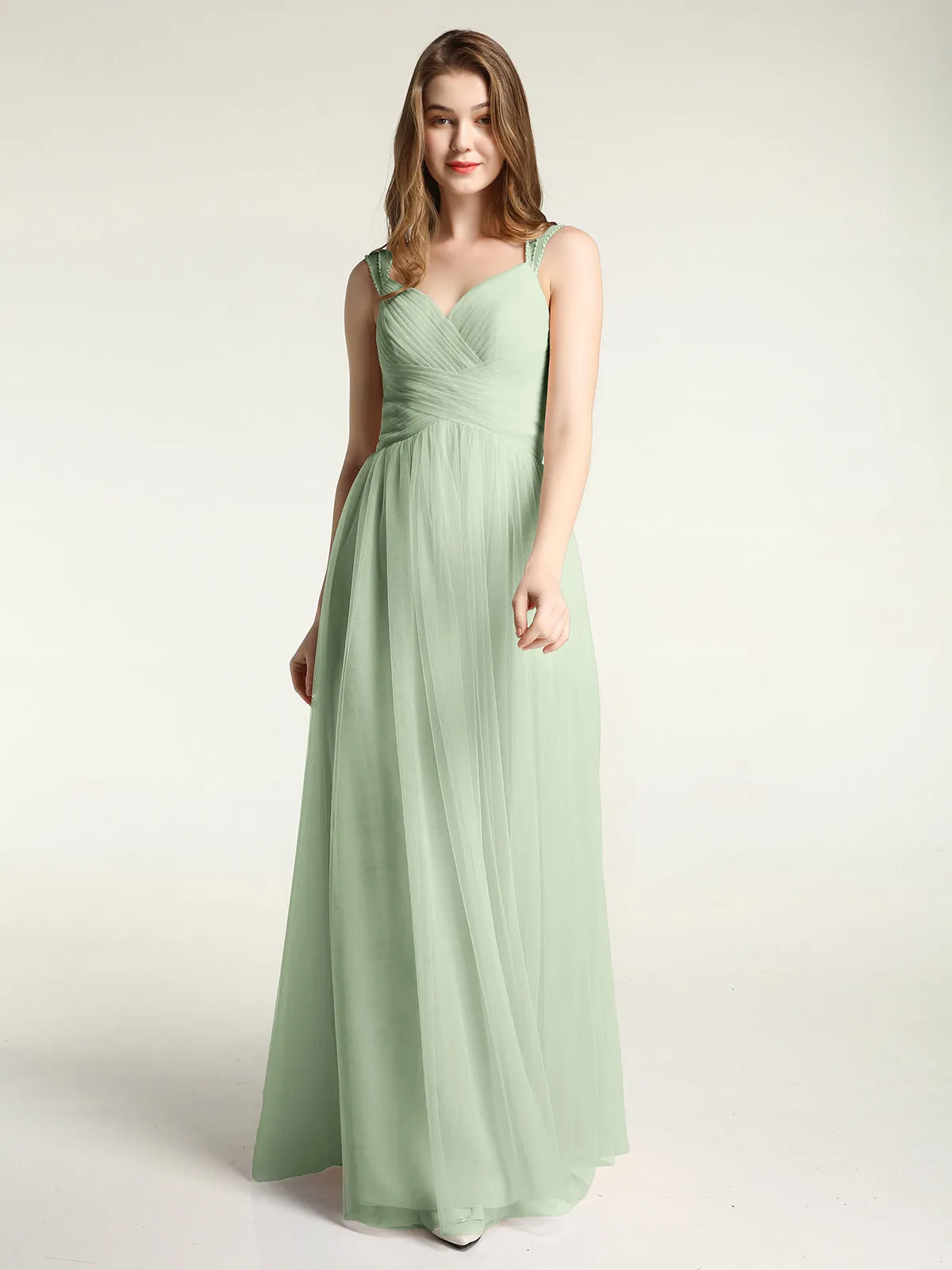 Cross-Pleated Tulle Long Dresses with Beaded Straps Clearance