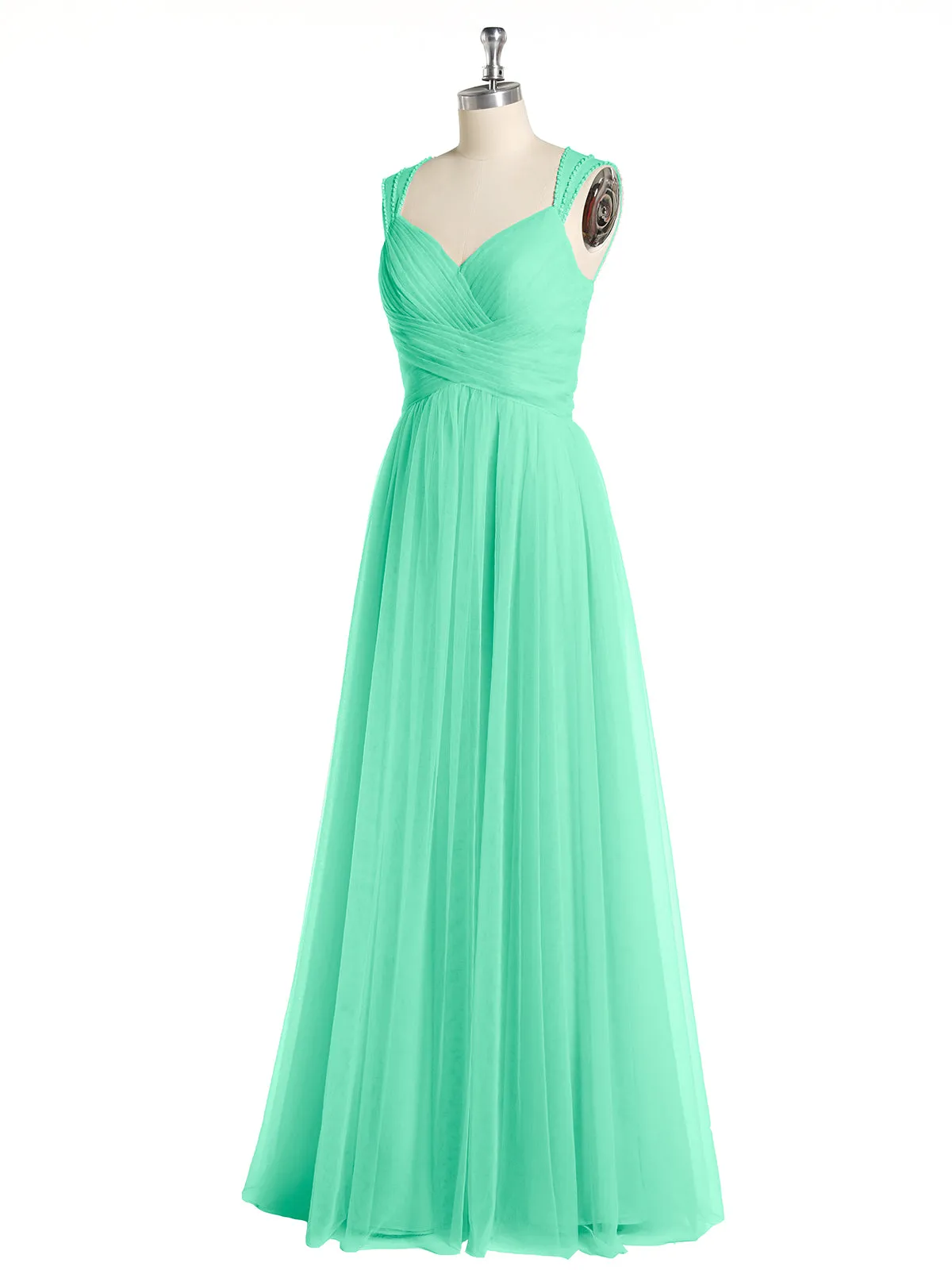 Cross-Pleated Tulle Long Dresses with Beaded Straps Turquoise