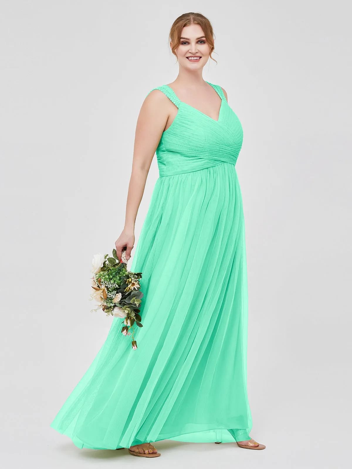 Cross-Pleated Tulle Long Dresses with Beaded Straps Turquoise