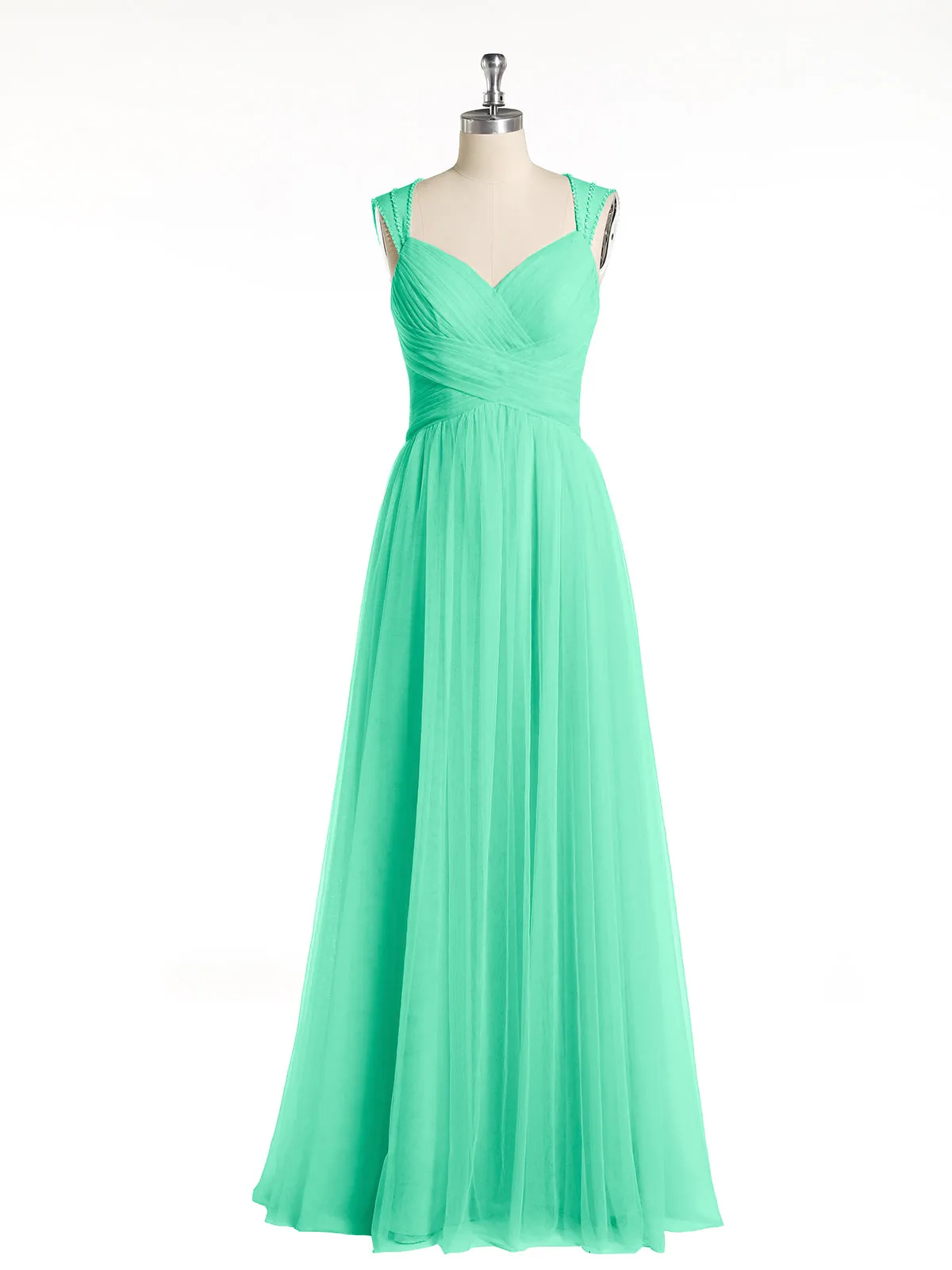 Cross-Pleated Tulle Long Dresses with Beaded Straps Turquoise