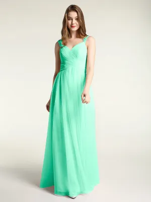 Cross-Pleated Tulle Long Dresses with Beaded Straps Turquoise