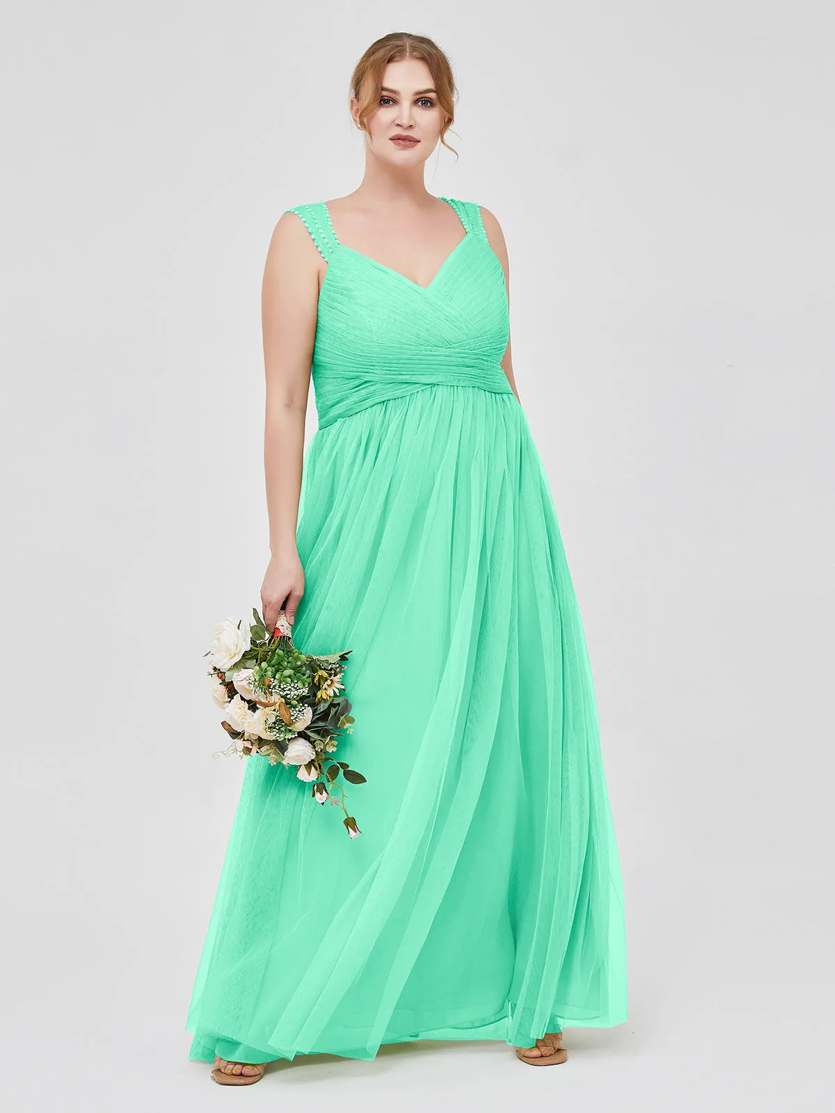 Cross-Pleated Tulle Long Dresses with Beaded Straps Turquoise