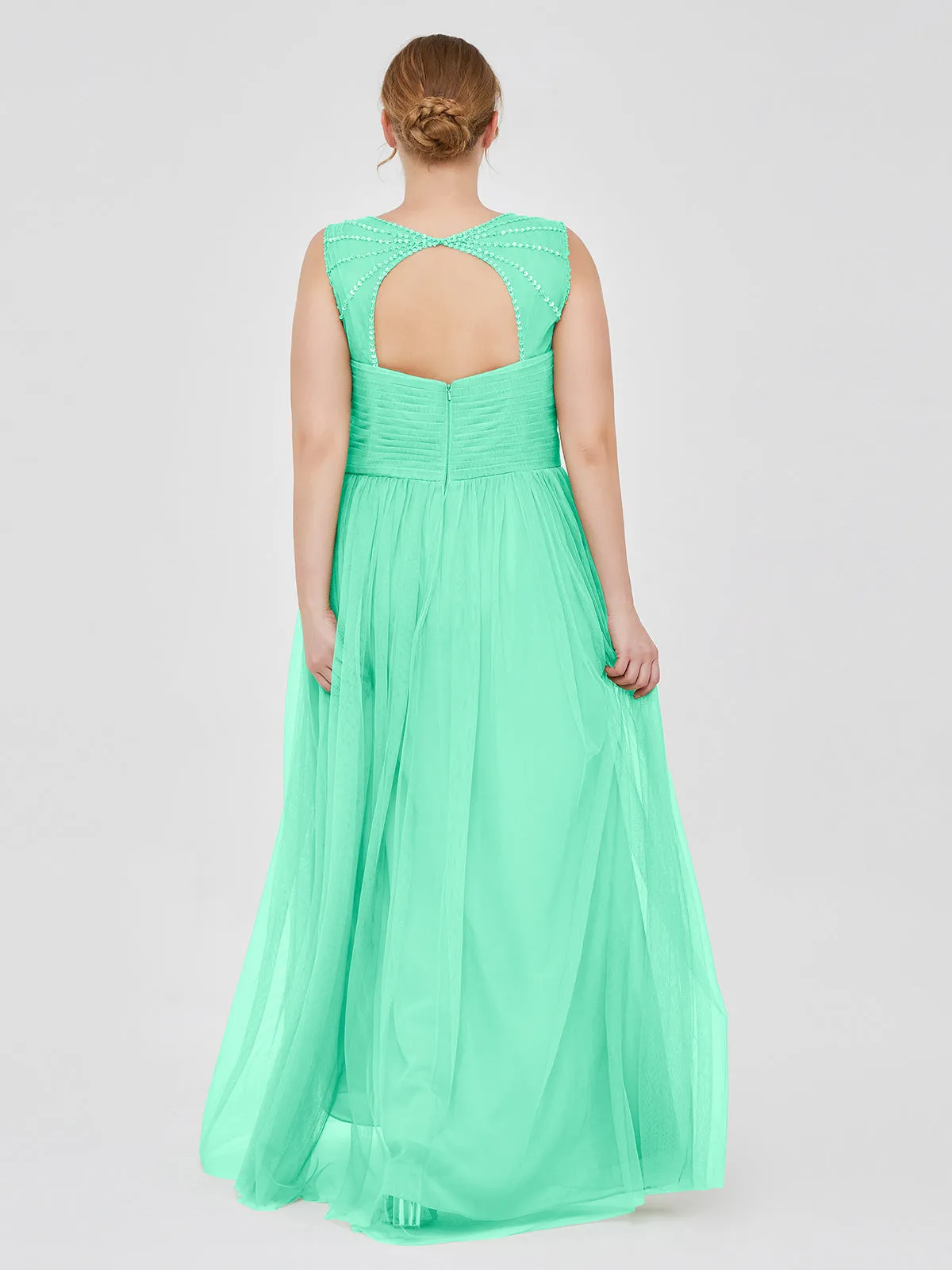 Cross-Pleated Tulle Long Dresses with Beaded Straps Turquoise