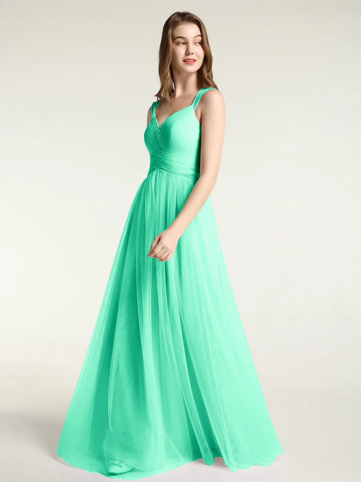 Cross-Pleated Tulle Long Dresses with Beaded Straps Turquoise