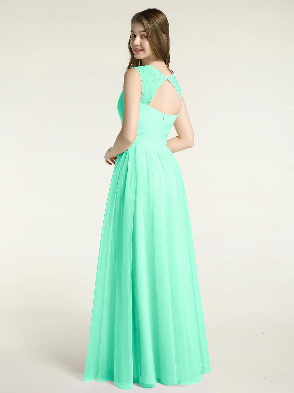 Cross-Pleated Tulle Long Dresses with Beaded Straps Turquoise