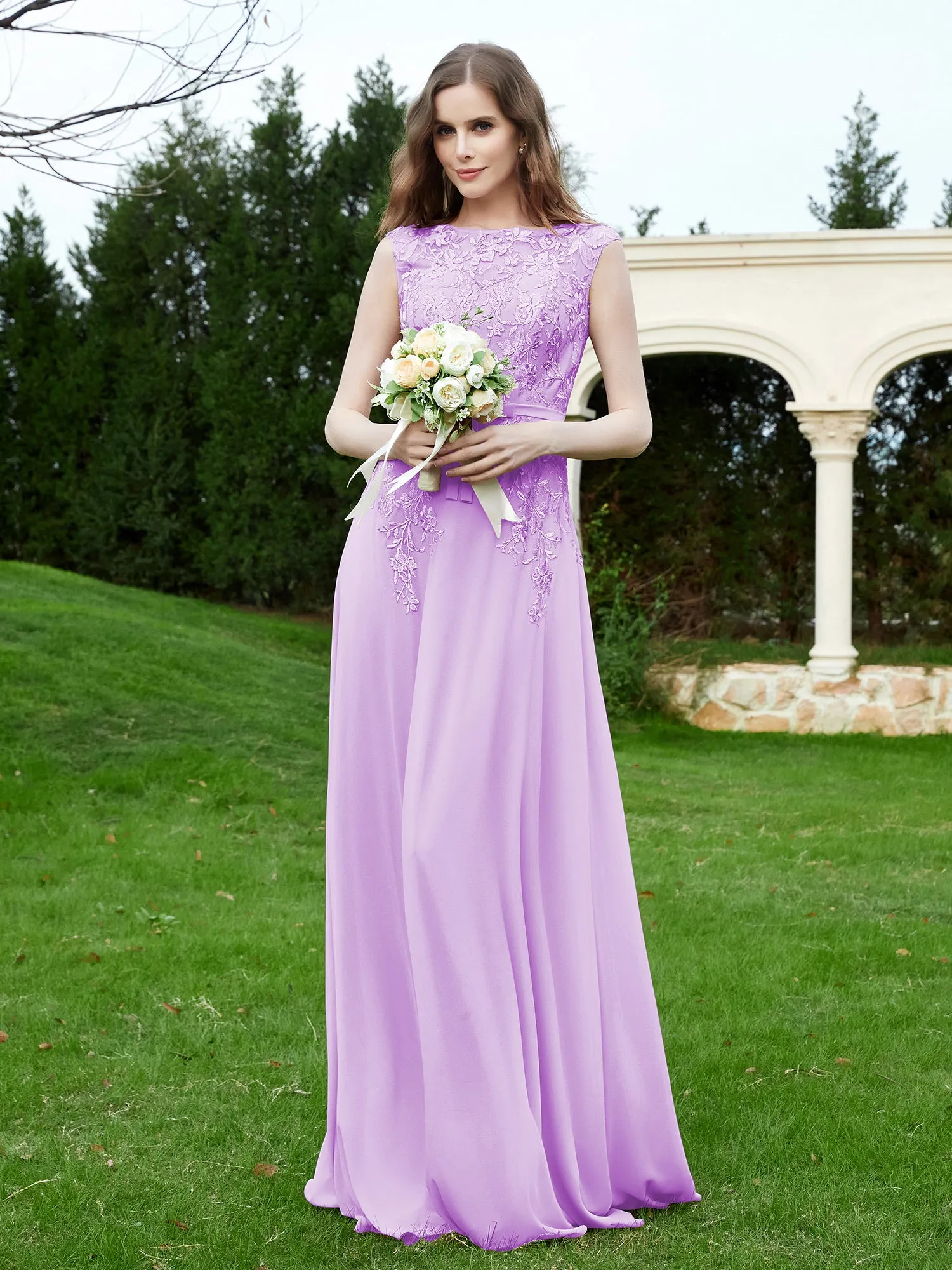 Elegant Illusion Lace Appliqued Dress With Buttons Lilac Plus Size