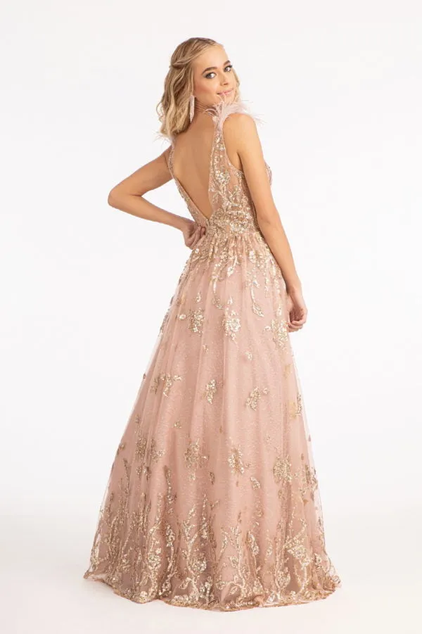 Feather Glitter Print Gown by Elizabeth K GL3048
