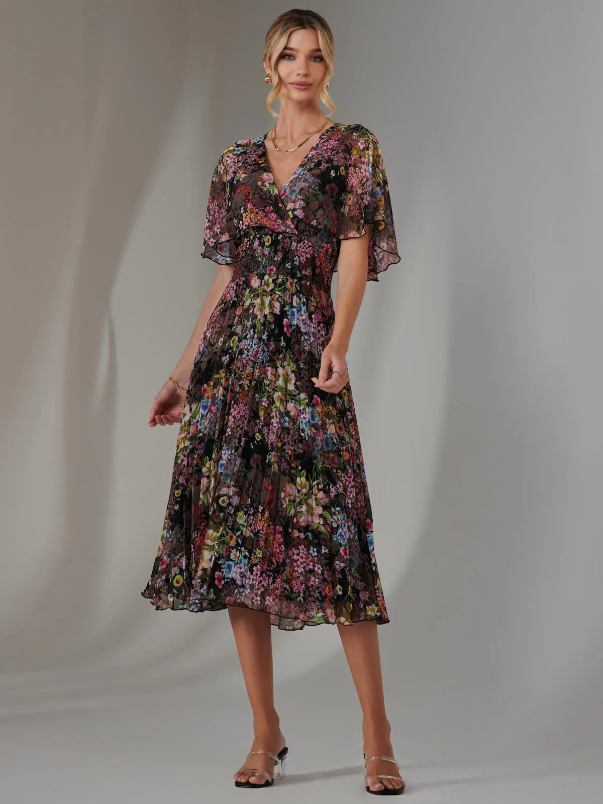 Floral Print Chiffon Pleated Dress, Floral Multi