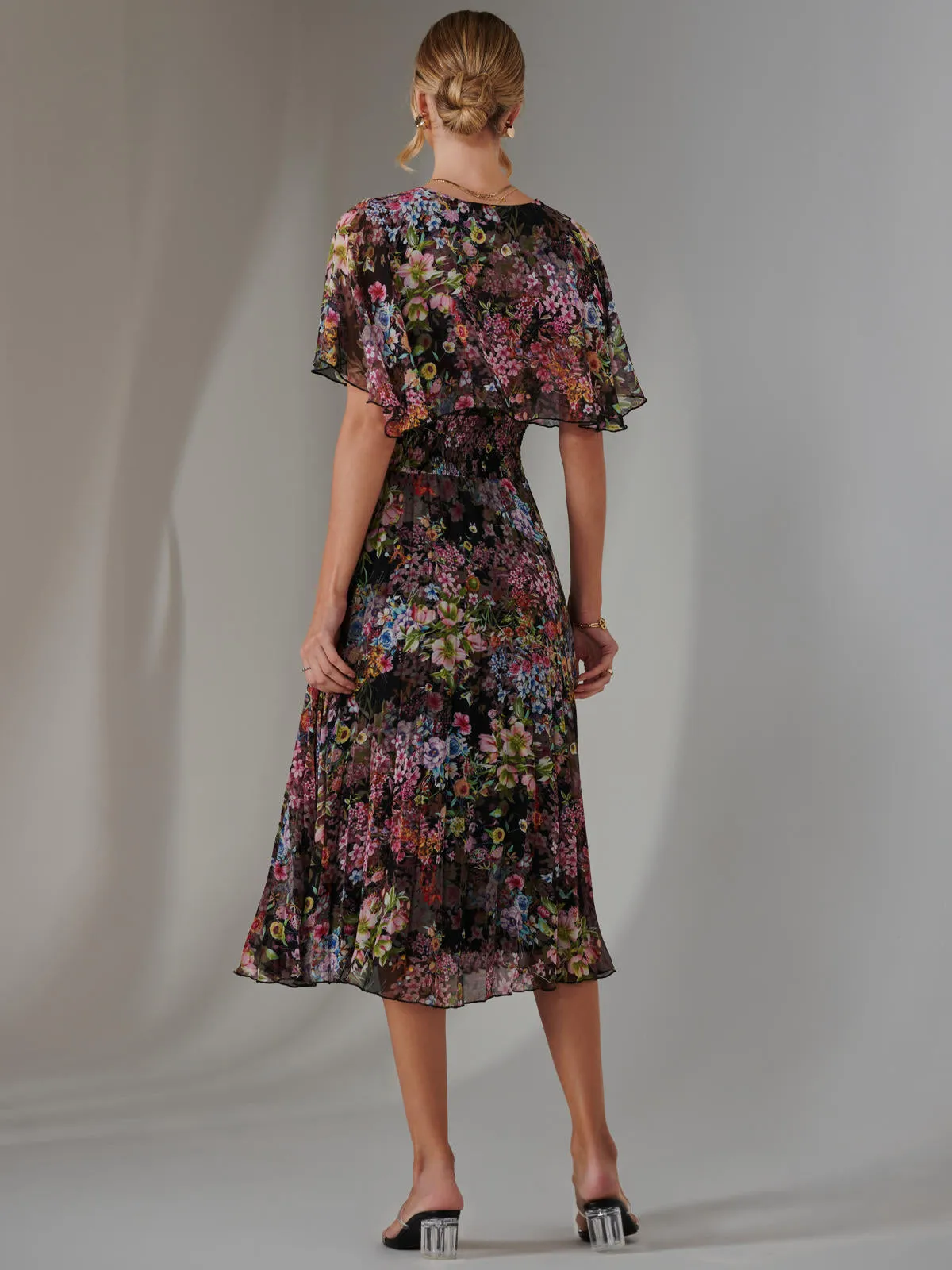 Floral Print Chiffon Pleated Dress, Floral Multi