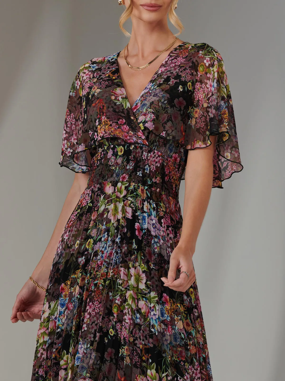 Floral Print Chiffon Pleated Dress, Floral Multi
