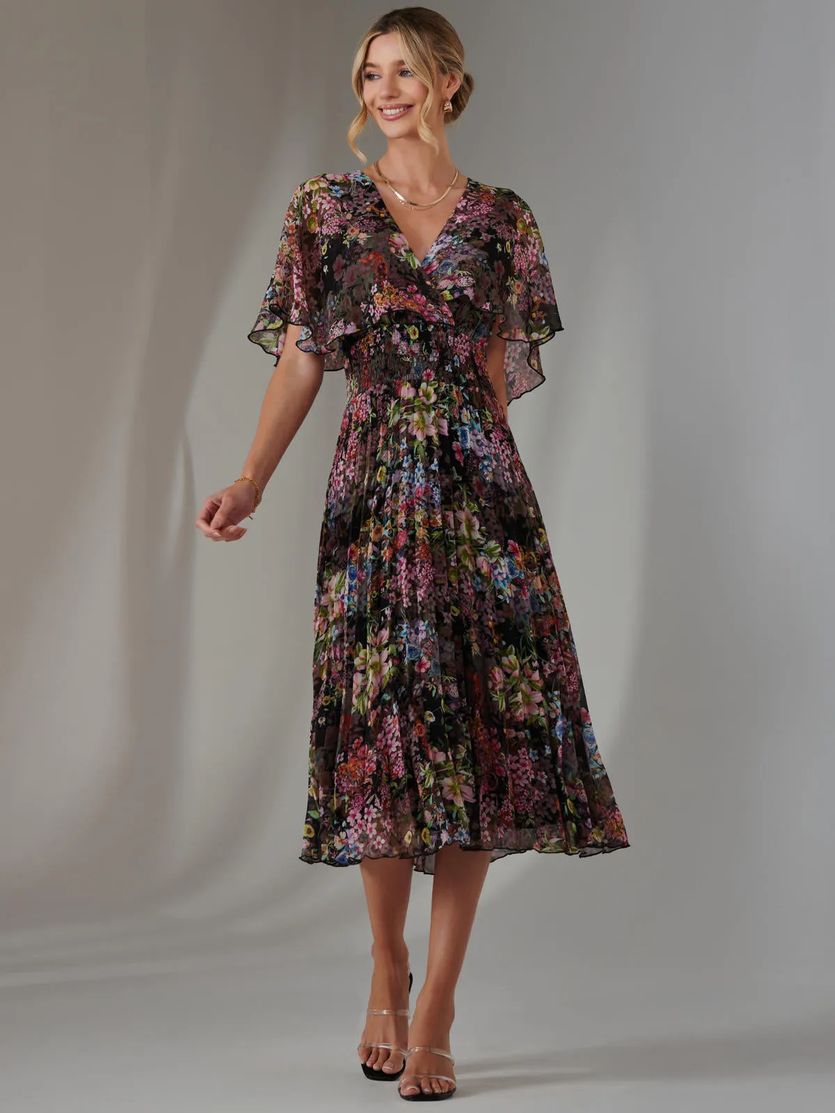 Floral Print Chiffon Pleated Dress, Floral Multi