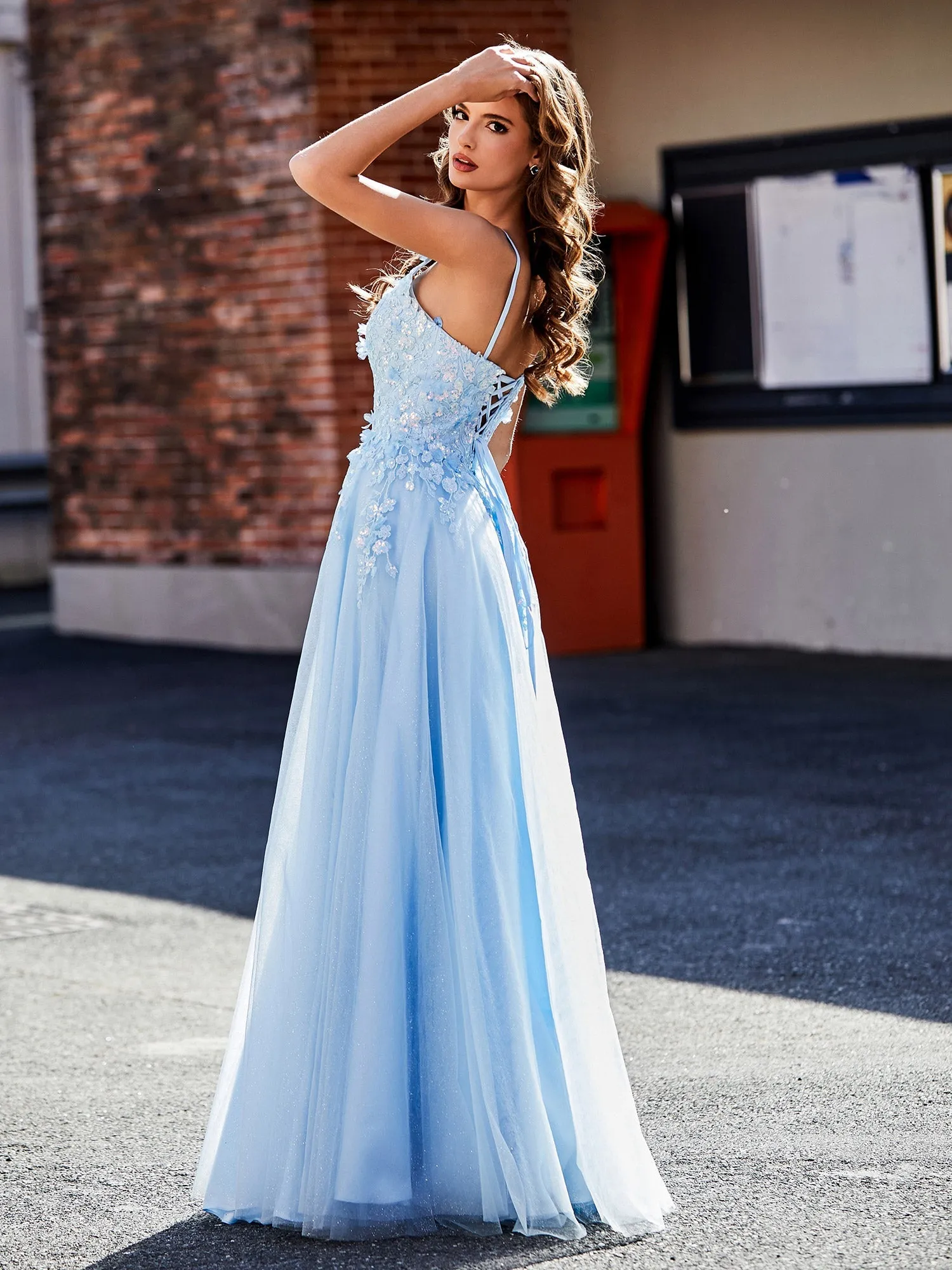 Flower Applique Ruched Skirt Tulle Gown Royal Blue