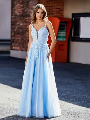 Flower Applique Ruched Skirt Tulle Gown Royal Blue