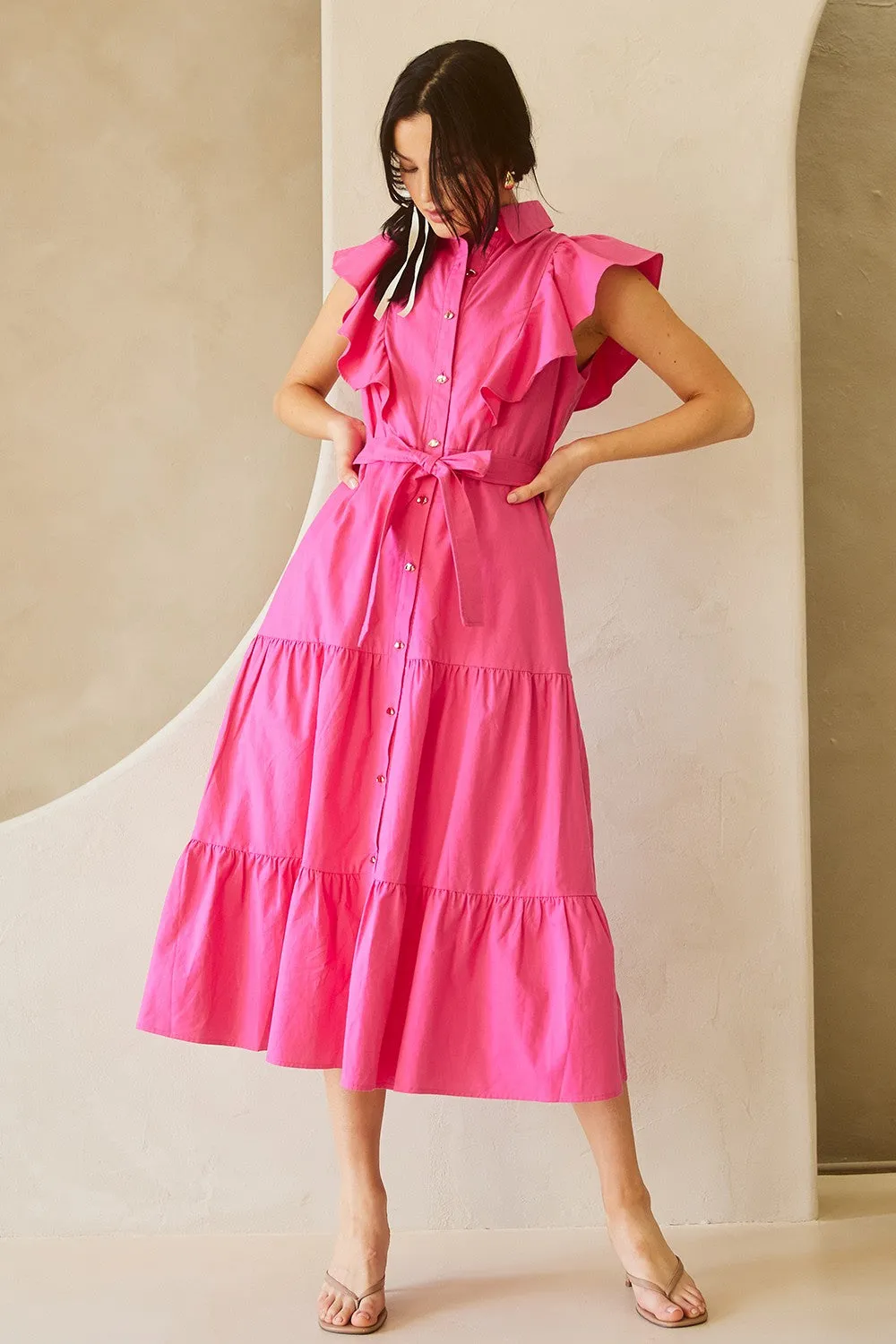 Fuchsia Ruffle Button-down Poplin Midi Dress