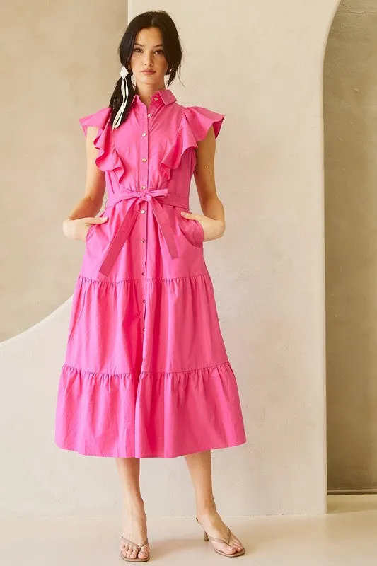 Fuchsia Ruffle Button-down Poplin Midi Dress