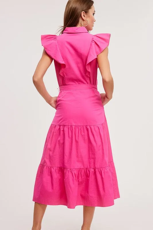 Fuchsia Ruffle Button-down Poplin Midi Dress