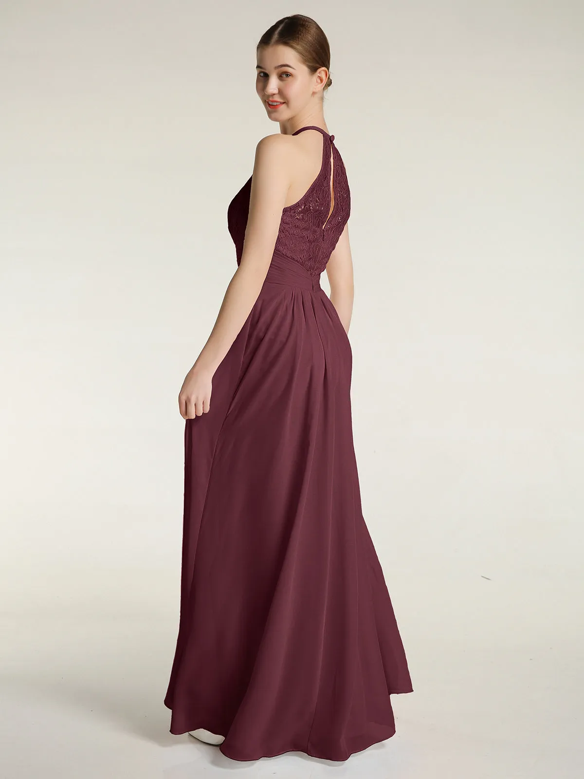 Halter Chiffon And Lace Long Dresses Cabernet Plus Size